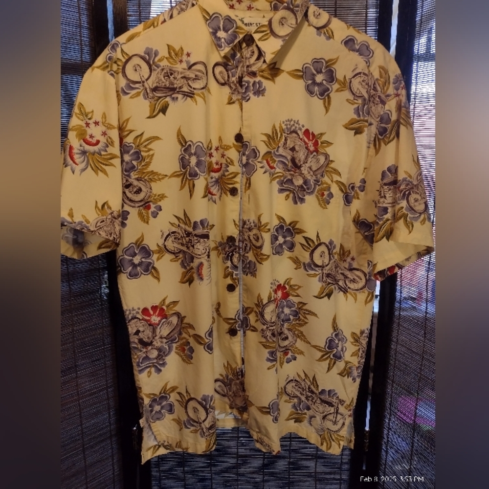 Robert Stock Motorcycles and Chrysanthemums Backyard BBQ shirt